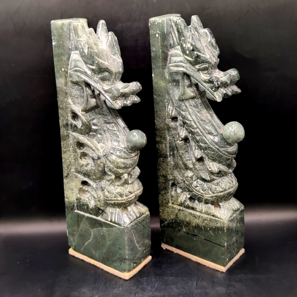 Vintage Pair Hand Carved Solid Genuine Green Jade Dragon Bookends - 10" Tall - Picture 3 of 15
